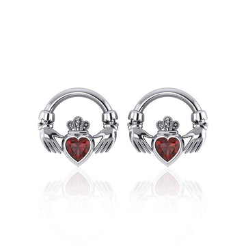Irish Claddagh Silver Post Earrings with Gem TE277 - Jewelry